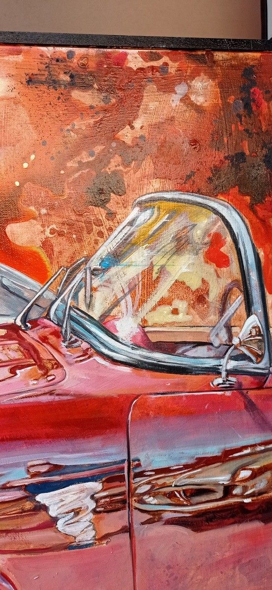 MIXED MEDIA ON CANVAS  MARA  ISOLANI ' LE DUE AUTO '  size L 80 x H 80 cm.