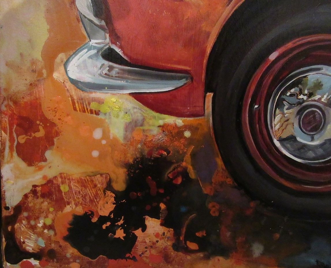 MIXED MEDIA ON CANVAS  MARA  ISOLANI ' LE DUE AUTO '  size L 80 x H 80 cm.