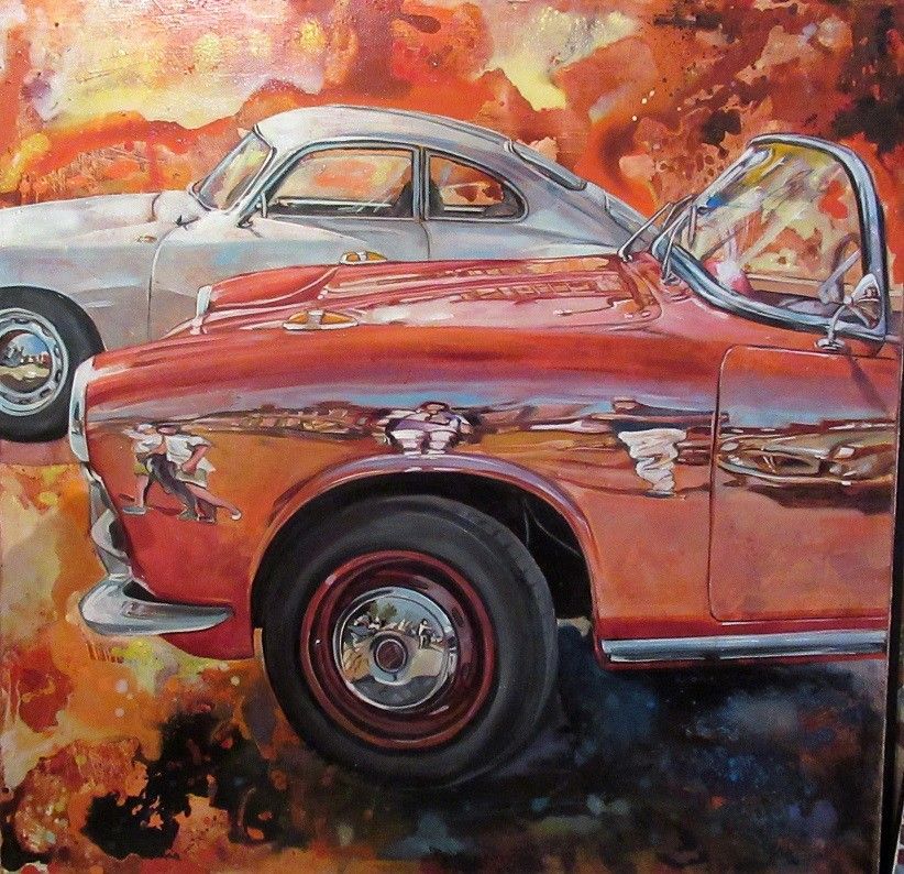 MIXED MEDIA ON CANVAS  MARA  ISOLANI ' LE DUE AUTO '  size L 80 x H 80 cm.
