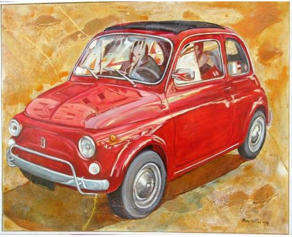 MIXED MEDIA ON CANVAS MARA ISOLANI ' FIAT 500 ' size L 100 x H 80 cm.