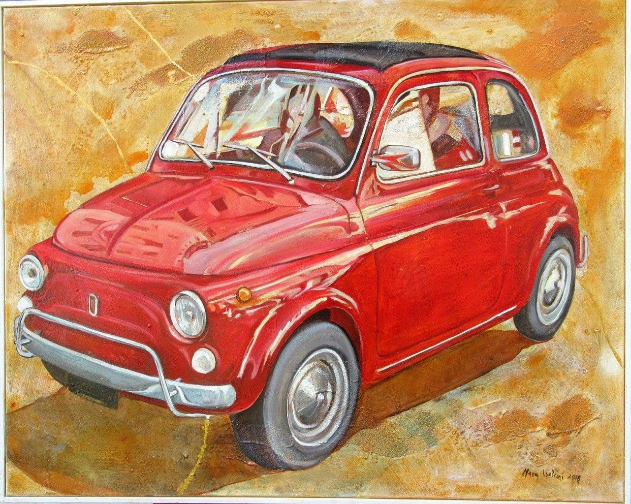 MIXED MEDIA SU TELA  MARA ISOLANI ' FIAT 500 '  dimensioni L 100 x  H 80 cm.