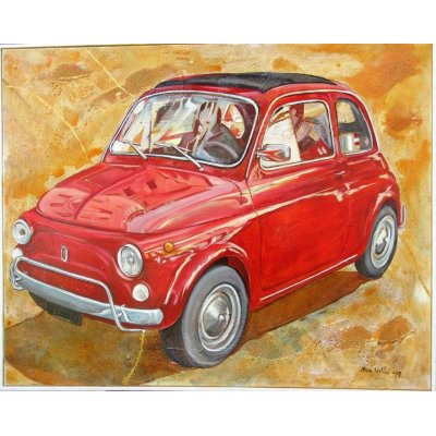 MIXED MEDIA SU TELA MARA ISOLANI ' FIAT 500 ' dimensioni L 100 x H 80 cm.