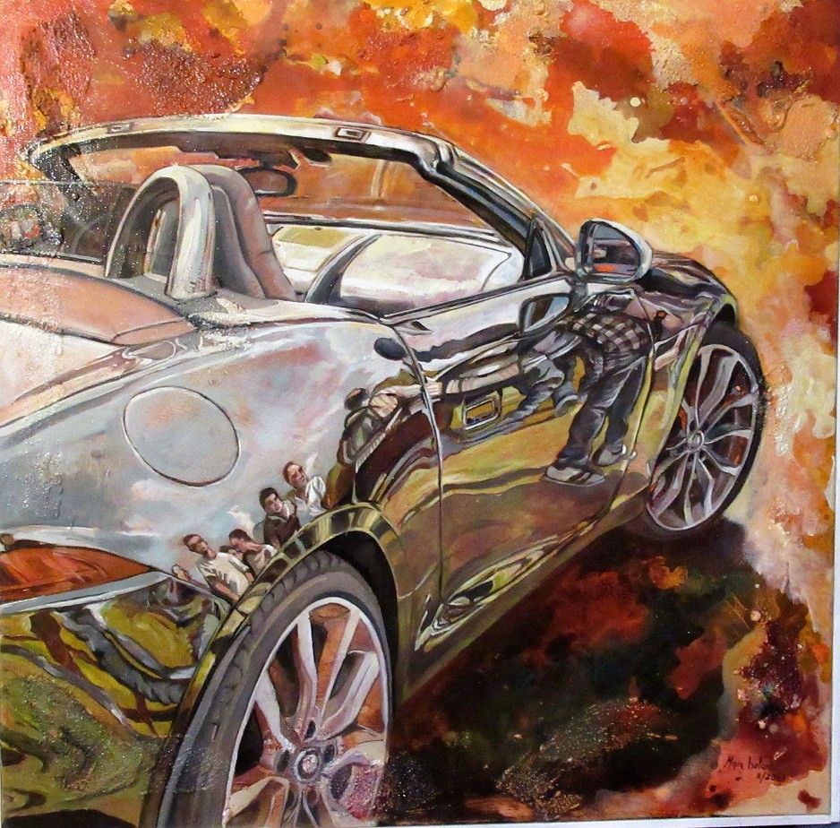 MIXED MEDIA SU TELA  MARA ISOLANI ' RIFLESSI SU JAGUAR '  dimensioni L 80 x H 80 cm.