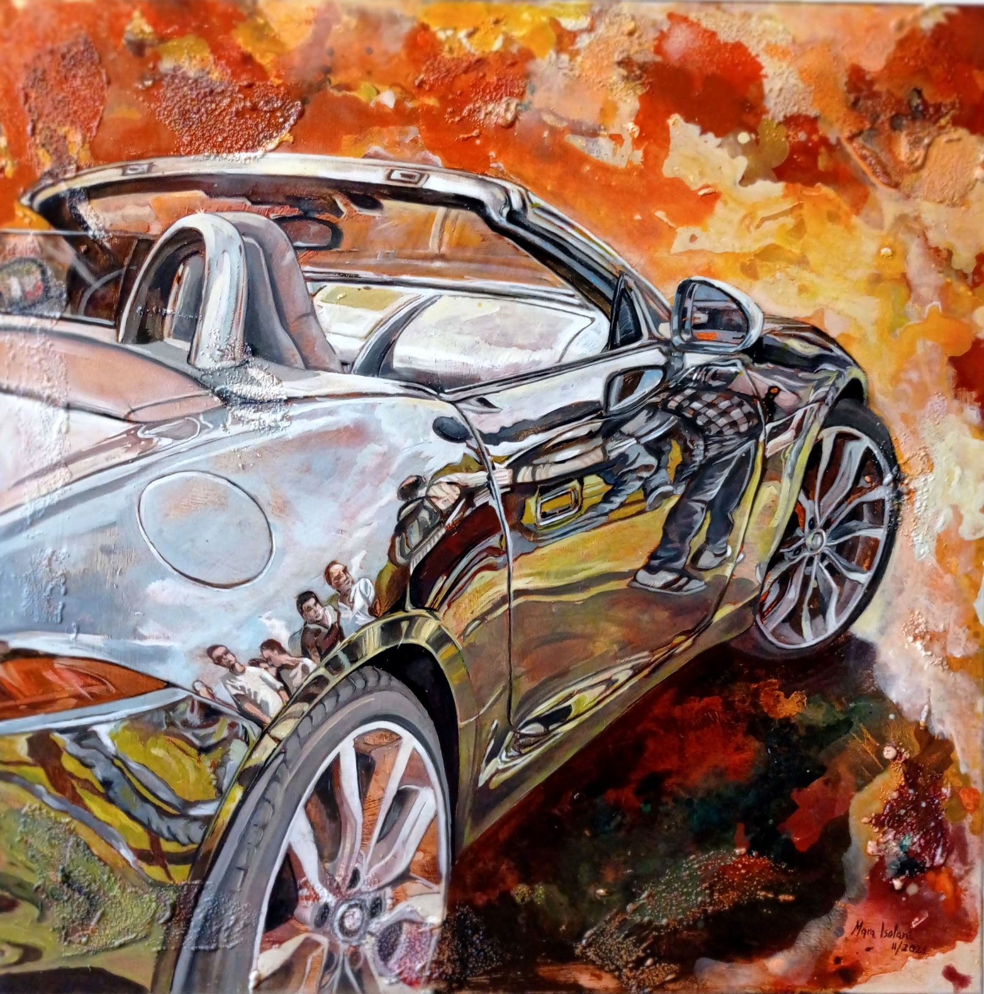 MIXED MEDIA ON CANVAS  MARA ISOLANI ' RIFLESSI SU JAGUAR '  size  L 80 x H 80 cm.