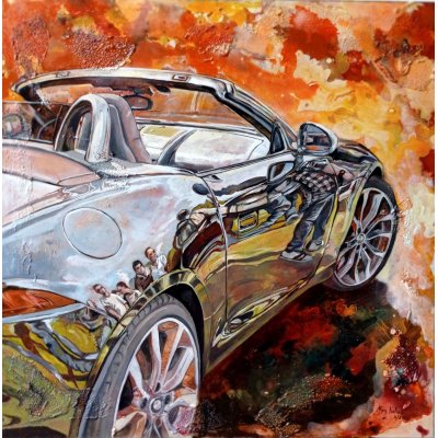 MIXED MEDIA SU TELA MARA ISOLANI ' RIFLESSI SU JAGUAR ' dimensioni L 80 x H 80 cm.