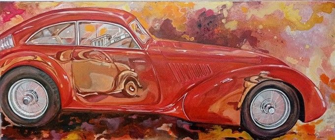 MIXED MEDIA SU TELA  MARA ISOLANI ' RIFLESSI SU UNA BUGATTI '  dimensioni L 120 x H 50 cm.