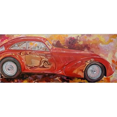 MIXED MEDIA SU TELA MARA ISOLANI ' RIFLESSI SU UNA BUGATTI ' dimensioni L 120 x H 50 cm.