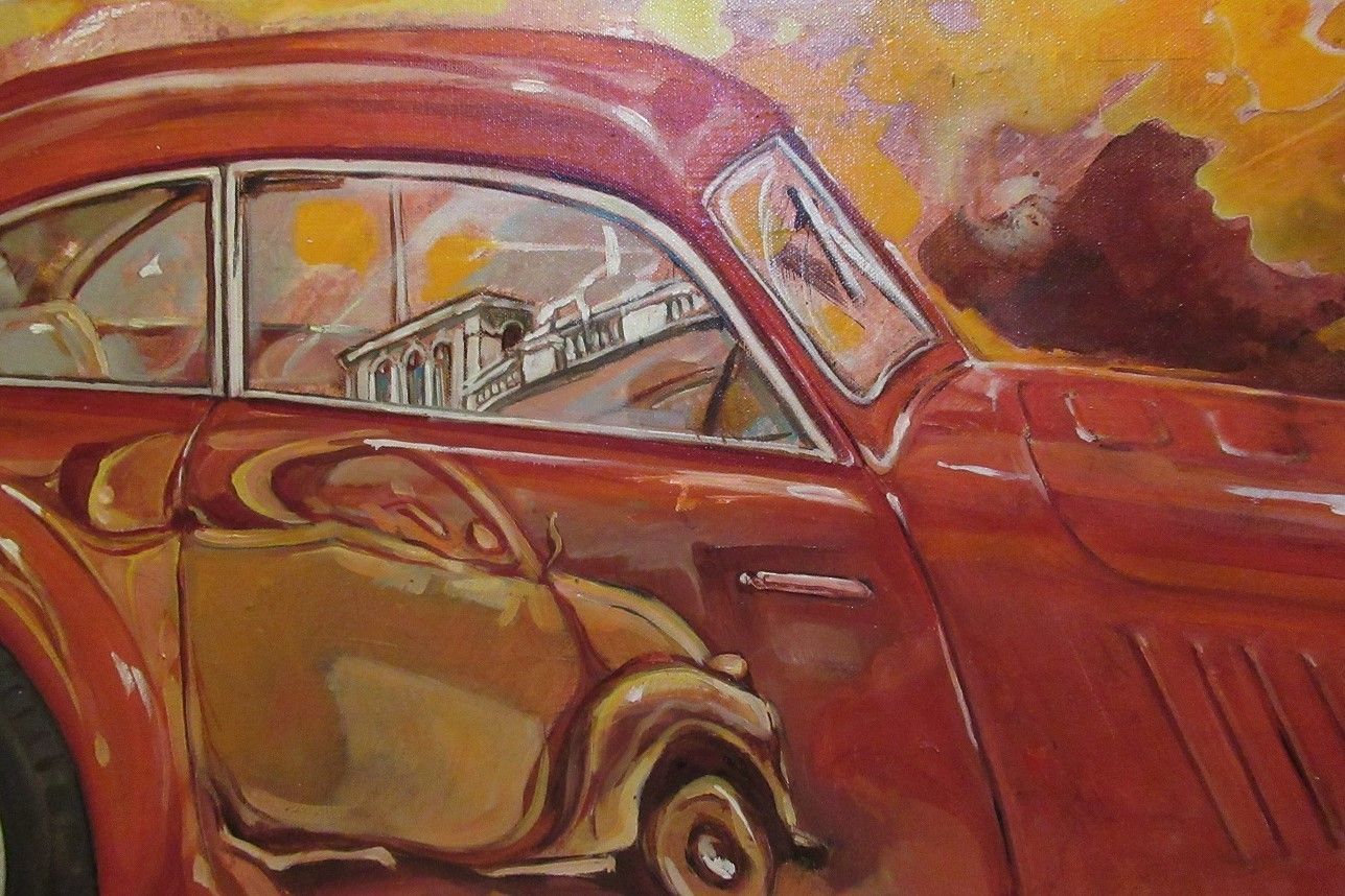 MIXED MEDIA SU TELA  MARA ISOLANI ' RIFLESSI SU UNA BUGATTI '  dimensioni L 120 x H 50 cm.