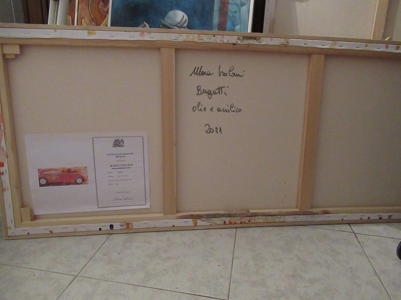 MIXED MEDIA SU TELA  MARA ISOLANI ' RIFLESSI SU UNA BUGATTI '  dimensioni L 120 x H 50 cm.