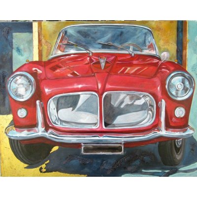 MIXED MEDIA SU TELA MARA ISOLANI ' FIAT ROSSA ' dimensioni L 100 x H 80 cm.