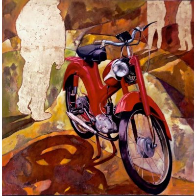 MIXED MEDIA SU TELA MARA ISOLANI ' MOTO ROSSA ' dimensioni L 100 x H 100 cm.