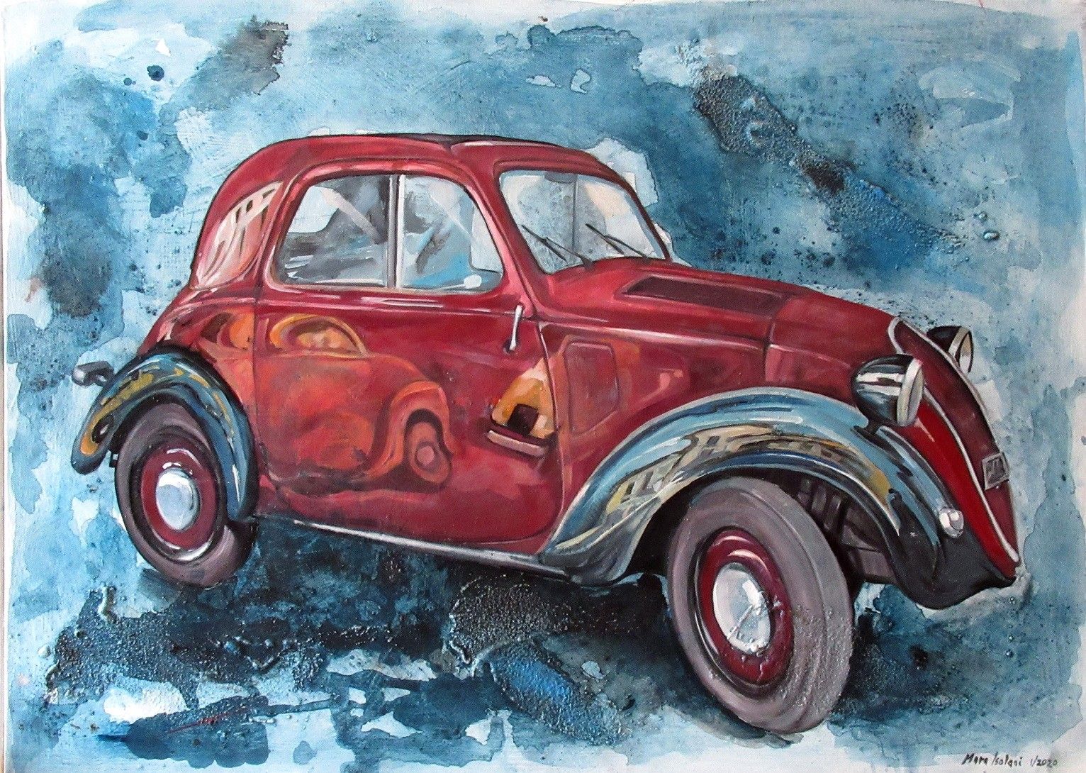 MIXED MEDIA ON CANVAS  MARA ISOLANI ' RIFLESSI SU TOPOLINO AMARANTO '  size  L 80 x H 60 cm.