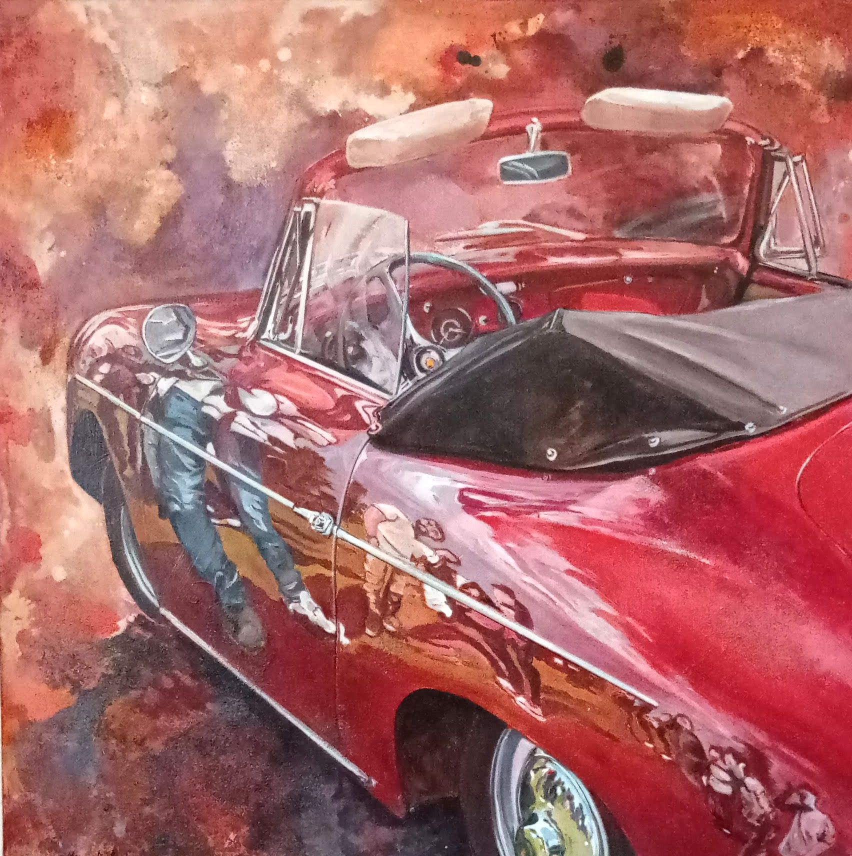 MIXED MEDIA SU TELA  MARA ISOLANI ' RIFLESSI SU UNA PORSCHE ROSSA # 2 '  dimensioni L 80 x H 80 cm.