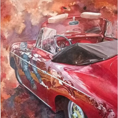 MIXED MEDIA SU TELA MARA ISOLANI ' RIFLESSI SU UNA PORSCHE ROSSA # 2 ' dimensioni L 80 x H 80 cm.