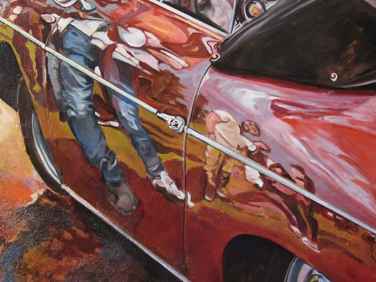 MIXED MEDIA SU TELA  MARA ISOLANI ' RIFLESSI SU UNA PORSCHE ROSSA # 2 '  dimensioni L 80 x H 80 cm.