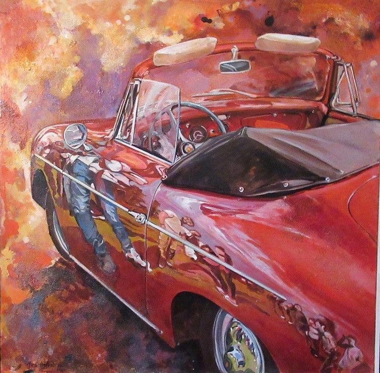 MIXED MEDIA SU TELA  MARA ISOLANI ' RIFLESSI SU UNA PORSCHE ROSSA # 2 '  dimensioni L 80 x H 80 cm.