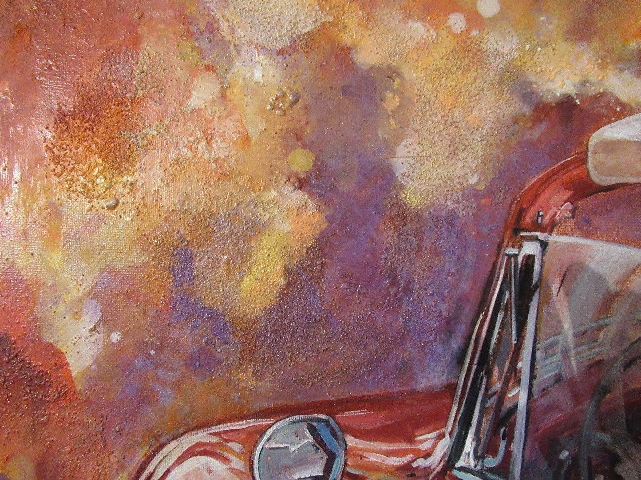 MIXED MEDIA SU TELA  MARA ISOLANI ' RIFLESSI SU UNA PORSCHE ROSSA # 2 '  dimensioni L 80 x H 80 cm.