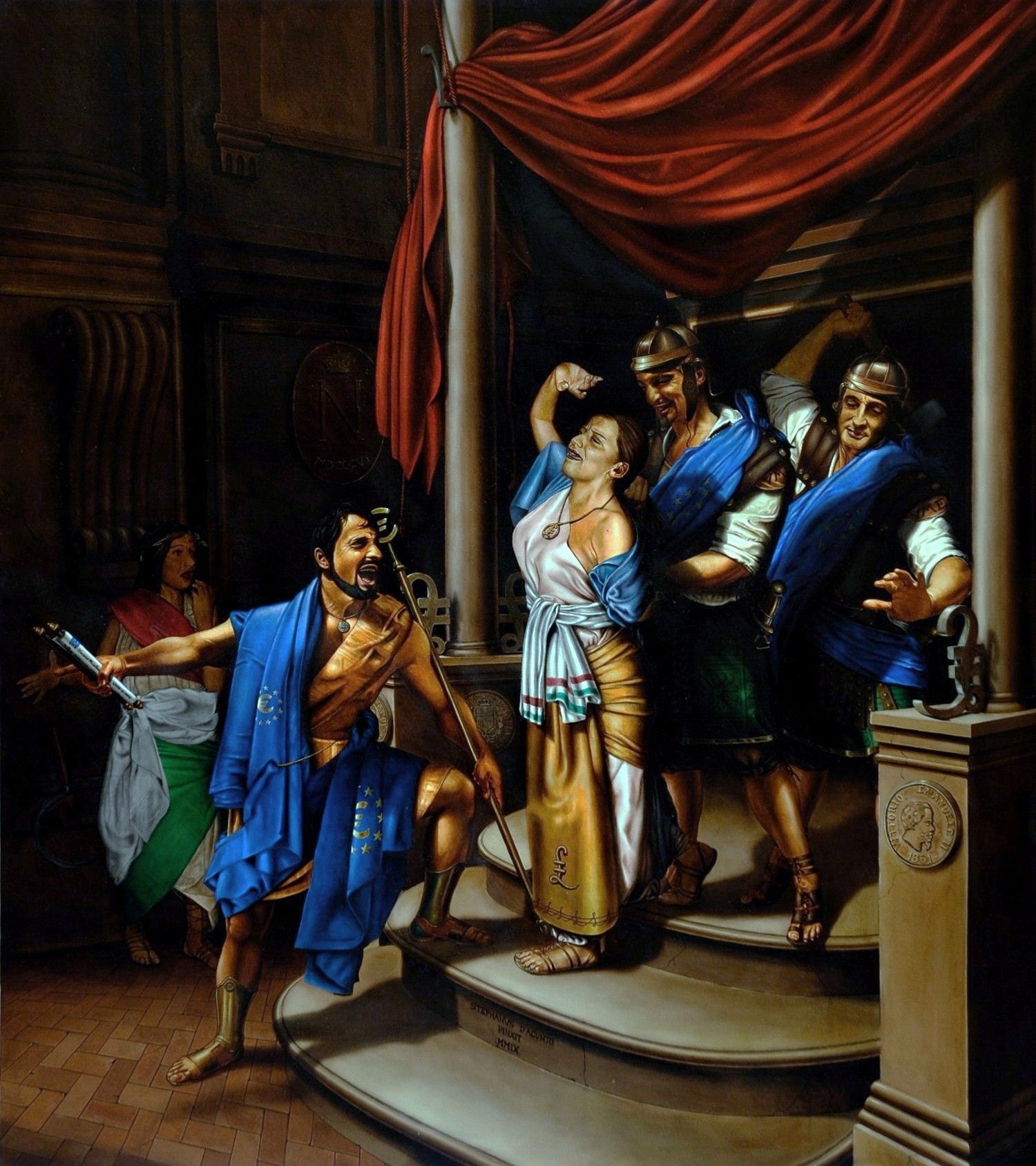 OLIO SU TELA  STEFANO D'ACUNTO ' L ' EURO SCACCIA LA LIRA '  dimensioni L 145 x H 165 cm.