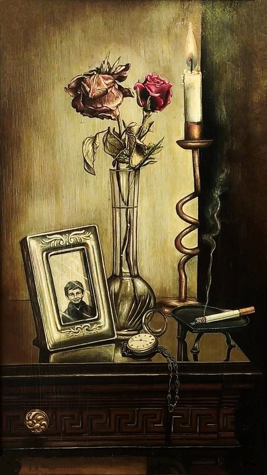 OLIO SU TAVOLA  STEFANO D'ACUNTO ' LO SCORRERE DEL TEMPO '  dimensioni L 25 x H 42 cm.