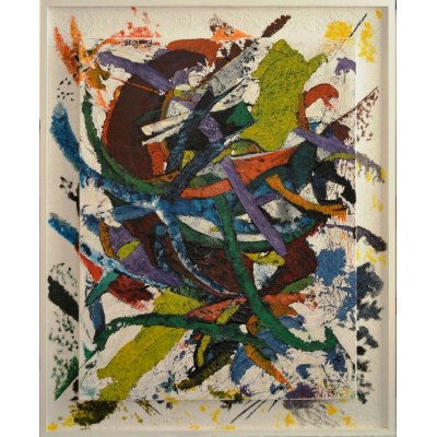 MIXED MEDIA RICCARDO VELLUTO ' INSEGUENDO MAMMA ' dimensioni L 77 x H 97 cm.