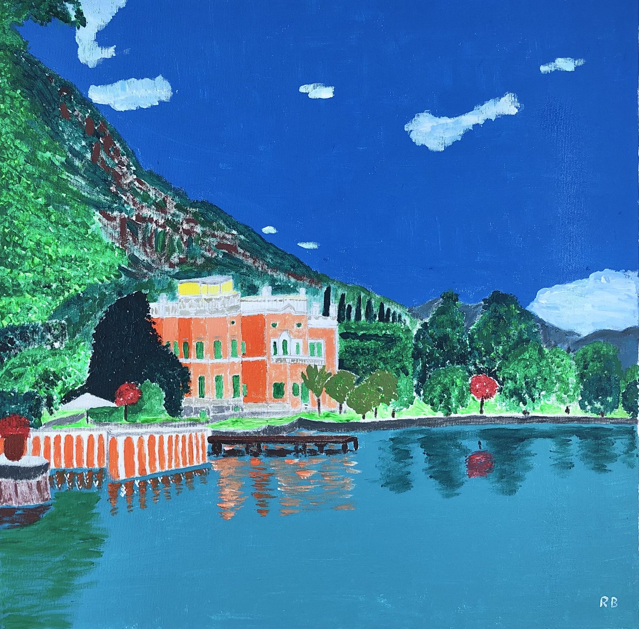 ACRILICO SU TELA  RENZO BATTACCHI ' CASTELLO SUL LAGO '  dimensioni L 50 x H 50 cm.
