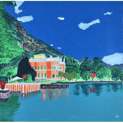 ACRILICO SU TELA RENZO BATTACCHI ' CASTELLO SUL LAGO ' dimensioni L 50 x H 50 cm.