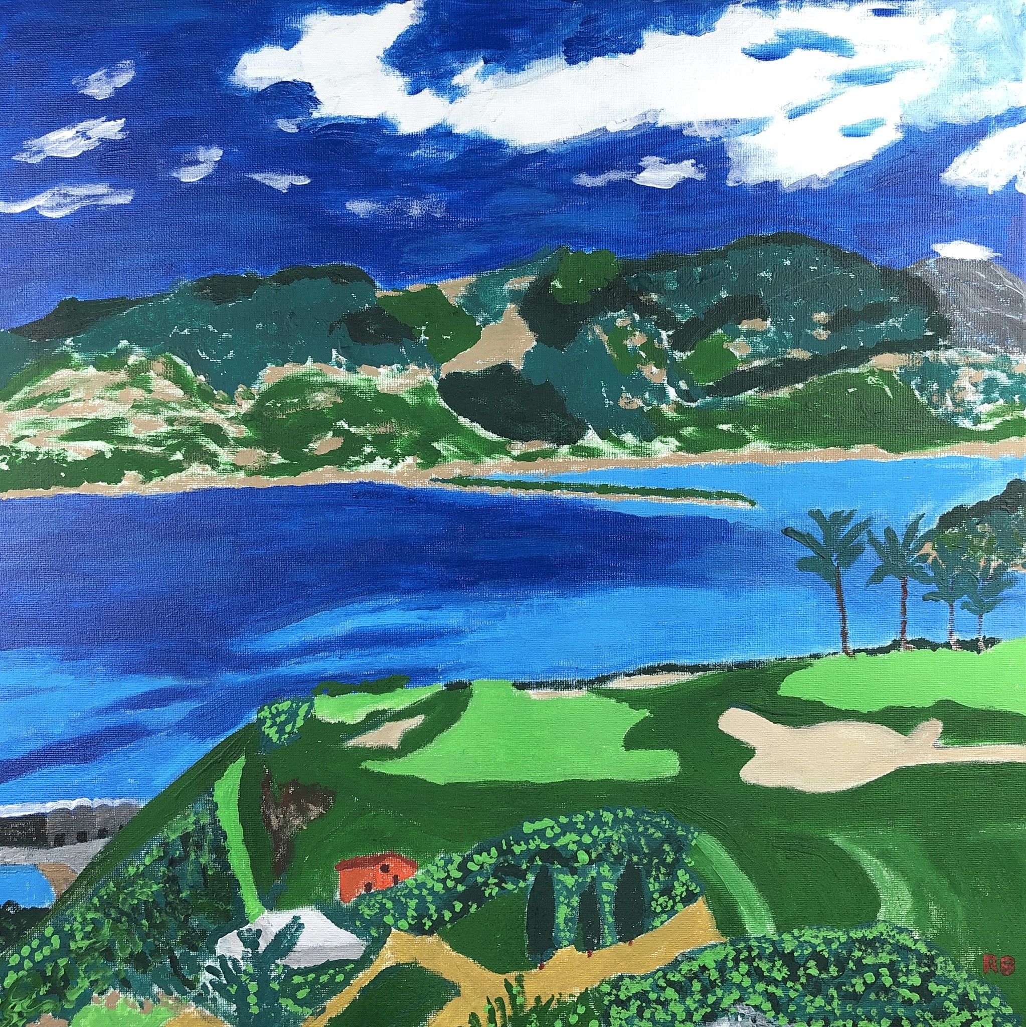 ACRILICO SU TELA  RENZO BATTACCHI ' CAMPO DA GOLF '  dimensioni L 50 x H 50 cm.