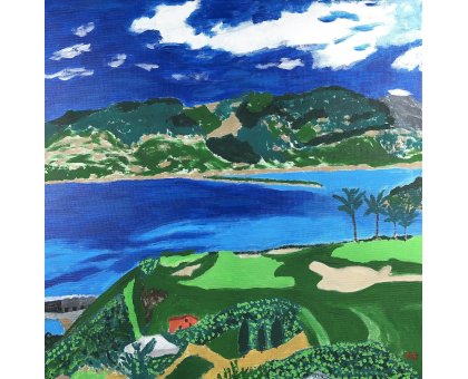 ACRILICO SU TELA RENZO BATTACCHI ' CAMPO DA GOLF ' dimensioni L 50 x H 50 cm.