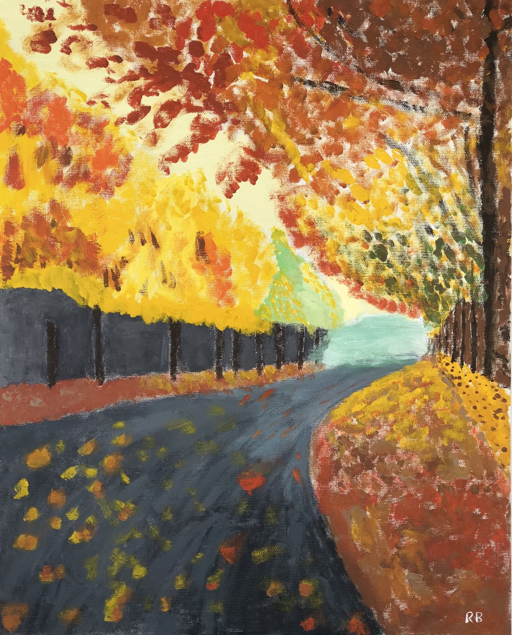 ACRILICO SU TELA  RENZO BATTACCHI ' STRADA D 'AUTUNNO '  dimensioni L 40 x H 50 cm.