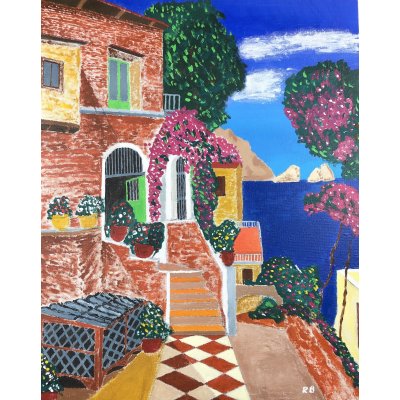 ACRILICO SU TELA RENZO BATTACCHI ' LA CASA SUL MARE ' dimensioni L 40 x H 50 cm.