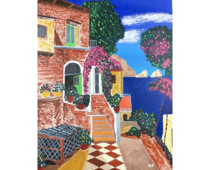 ACRILICO SU TELA RENZO BATTACCHI ' LA CASA SUL MARE ' dimensioni L 40 x H 50 cm.