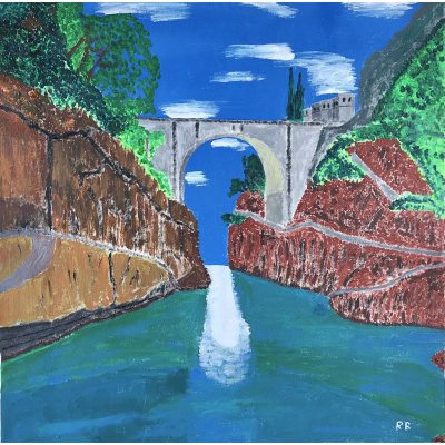 ACRILICO SU TELA RENZO BATTACCHI ' PONTE SUL MARE ' dimensioni L 50 x H 50 cm.