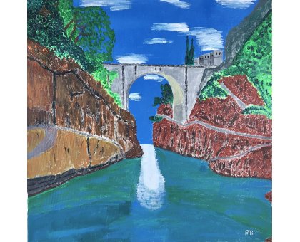 ACRILICO SU TELA RENZO BATTACCHI ' PONTE SUL MARE ' dimensioni L 50 x H 50 cm.