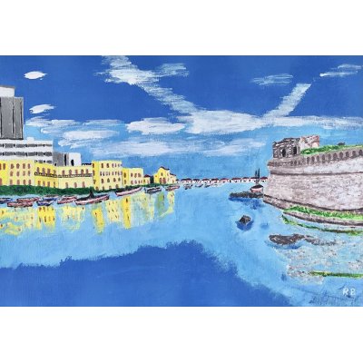 ACRILICO SU TELA RENZO BATTACCHI ' PASSATO PRESENTE FUTURO ' dimensioni L 50 x H 35 cm.