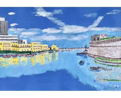 ACRILICO SU TELA RENZO BATTACCHI ' PASSATO PRESENTE FUTURO ' dimensioni L 50 x H 35 cm.