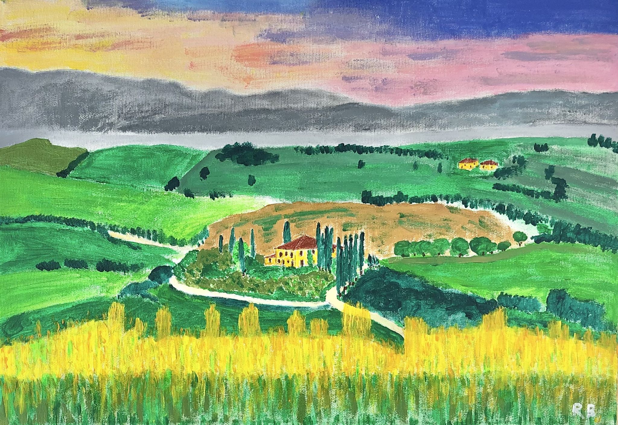 ACRILICO SU TELA  RENZO BATTACCHI ' PANORAMA TOSCANO '  dimensioni L 50 x H 35 cm.