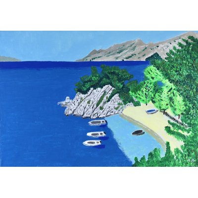 ACRILICO SU TELA RENZO BATTACCHI ' ANGOLO DI MARE ' dimensioni L 50 x H 35 cm.