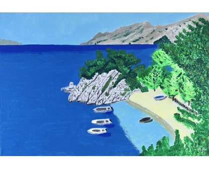 ACRILICO SU TELA RENZO BATTACCHI ' ANGOLO DI MARE ' dimensioni L 50 x H 35 cm.