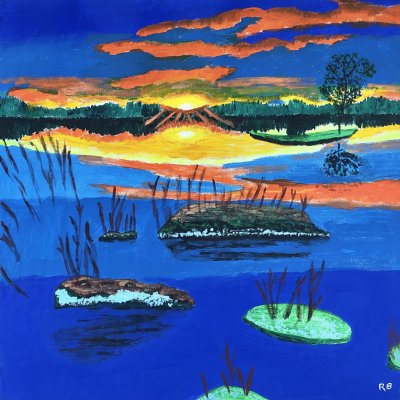 ACRILICO SU TELA RENZO BATTACCHI ' RIFLESSI LACUSTRI ' dimensioni L 50 x H 50 cm.