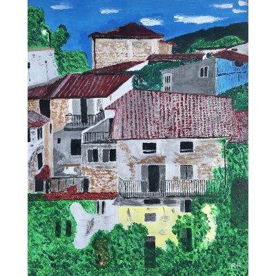 ACRILICO SU TELA RENZO BATTACCHI ' BORGO ABBANDONATO ' dimensioni L 40 x H 50 cm.