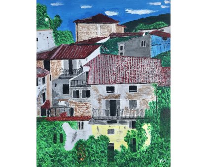 ACRILICO SU TELA RENZO BATTACCHI ' BORGO ABBANDONATO ' dimensioni L 40 x H 50 cm.