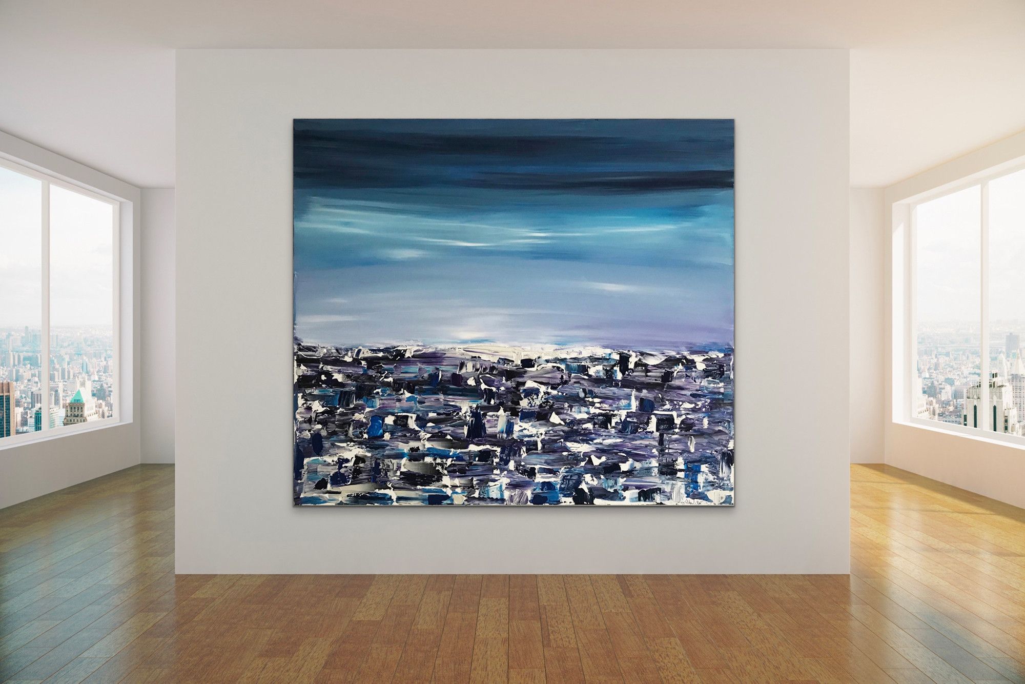 ACRILICO SU TELA  LETTERIA RUSSO ' BLUE REFLECTIONS '  dimensioni L 140 x H 160 cm.