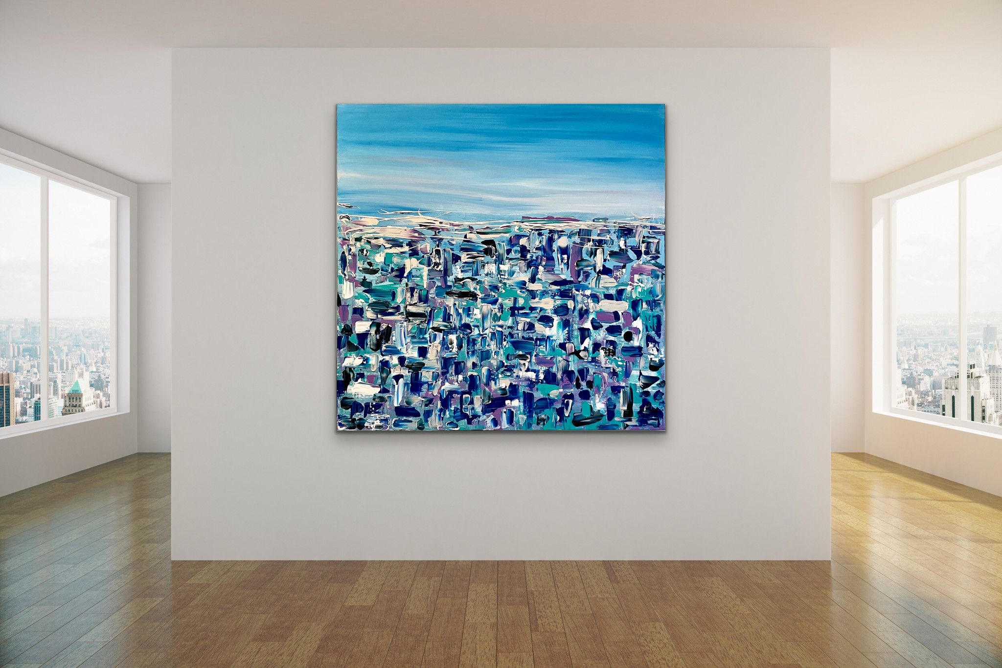 ACRILICO SU TELA  LETTERIA RUSSO ' CITY BLUE '  dimensioni L 140 x H 160 cm.