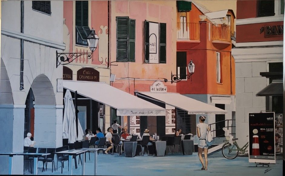 ACRILICO SU TELA  SERGIO BRAMBILLASCA ' COLAZIONE A SANTA MARGHERITA  '  dimensioni L 160 x H 100 cm.