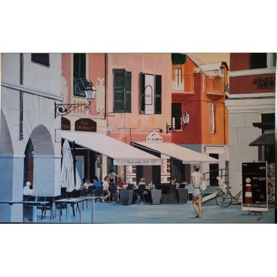 ACRILICO SU TELA SERGIO BRAMBILLASCA ' COLAZIONE A SANTA MARGHERITA ' dimensioni L 160 x H 100 cm.