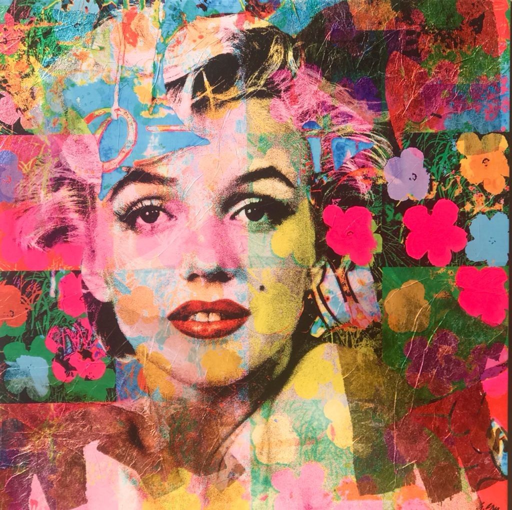 MIXED MEDIA SU TELA  GIULIANO GRITTINI ' MARILYN FLOWERS ART '  dimensioni L 80 x H 90 cm.