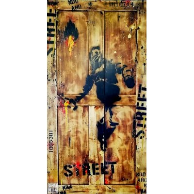 ACRILICO SU TAVOLA FRANCESCO CAMPANELLA ' ABOUT BANKSY ' dimensioni L 66 x H 124 cm.