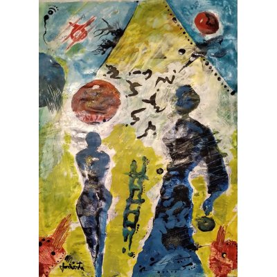 MIXED MEDIA SU CARTA MASSIMO PODESTA' ' SOLE ROSSO ' dimensioni L 35 x H 25 cm.