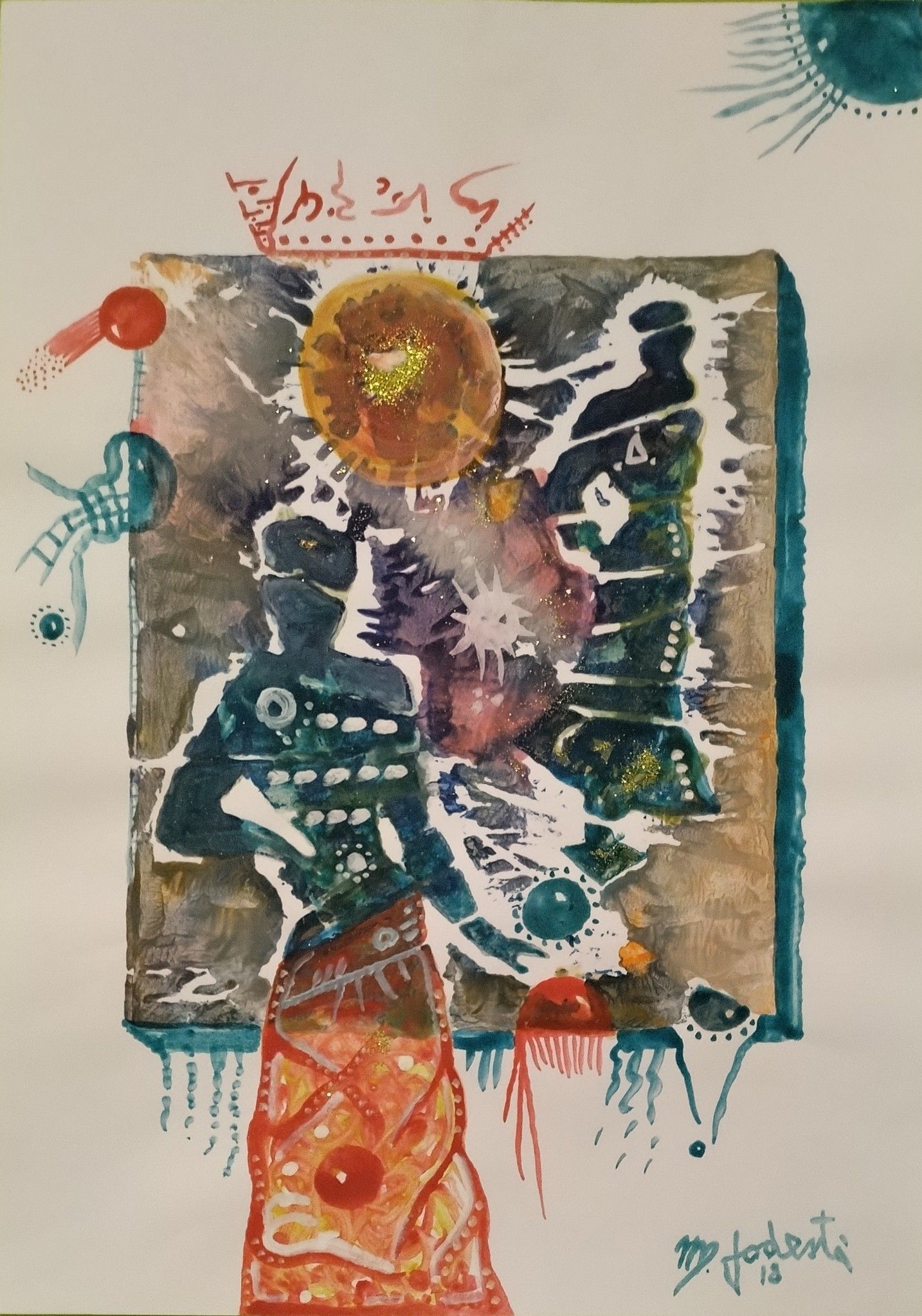  MIXED MEDIA SU CARTA  MASSIMO PODESTA' ' MECCANISMO SUL VERDE '  dimensioni L 42 x H 29,7 cm.