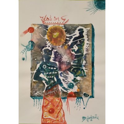 MIXED MEDIA SU CARTA MASSIMO PODESTA' ' MECCANISMO SUL VERDE ' dimensioni L 42 x H 29,7 cm.